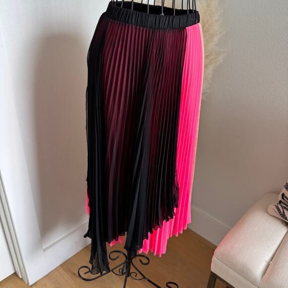 Loyd/Ford Pink Pleated Satin Sheer Black Overlay Midi Colorblock Skirt- Small - Picture 3 of 8